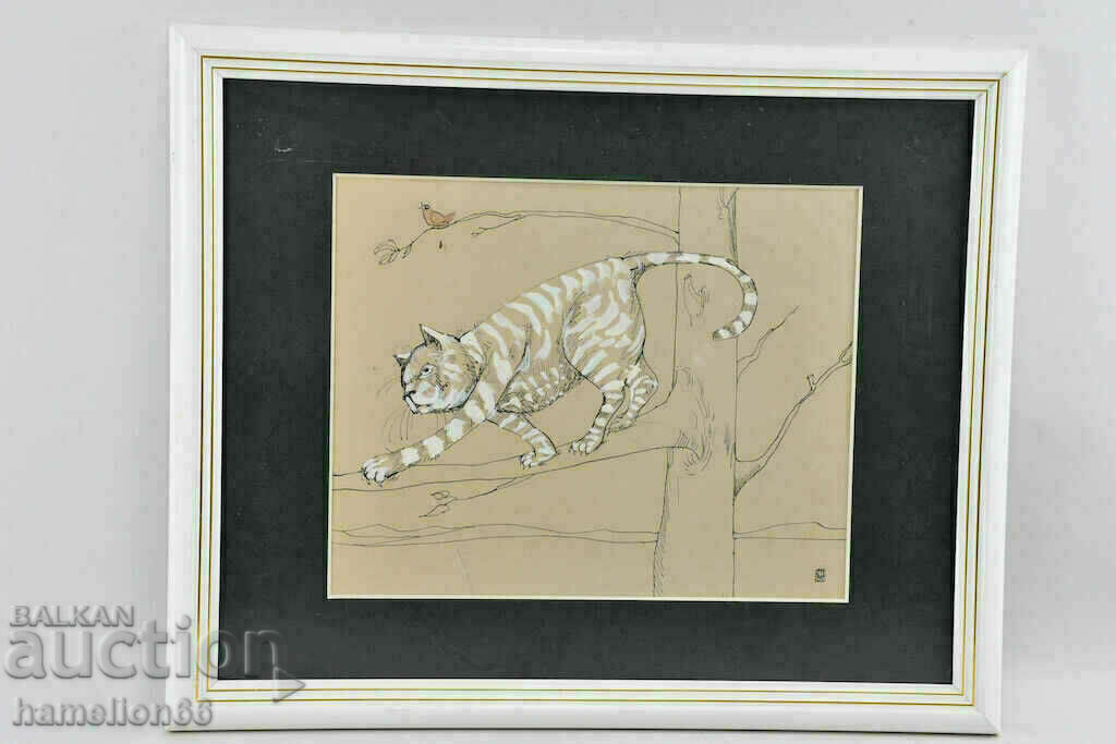 Graphics, Cat, passe-partout, frame and glass Graphics, Cat, passe-partout, frame and glass