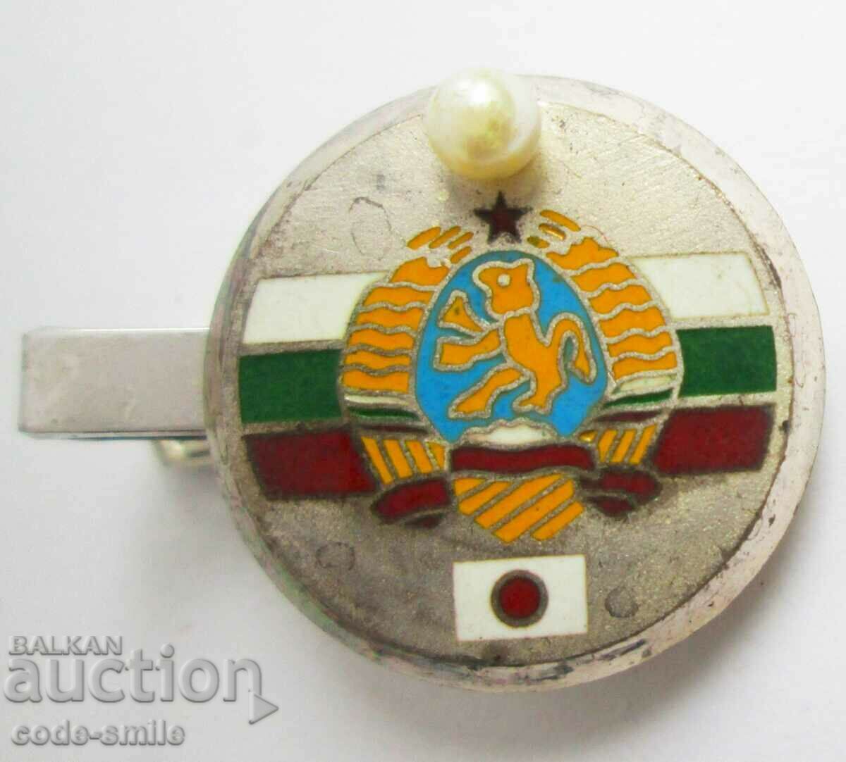 Стара щипка за вратовръзка сребро емайл Соц герб НРБ