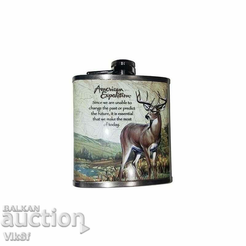 Metal souvenir alcohol jug with deer