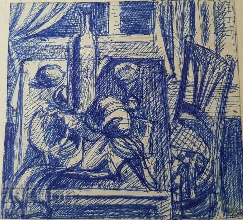Auction Atanas Yaranov 1940-1988 Interior Original drawing 1980s Auction Atanas Yaranov 1940-1988 Interior Original drawing 1980s