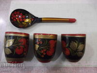 Lot of 3 pcs. wooden cups and spoon painted Soviet