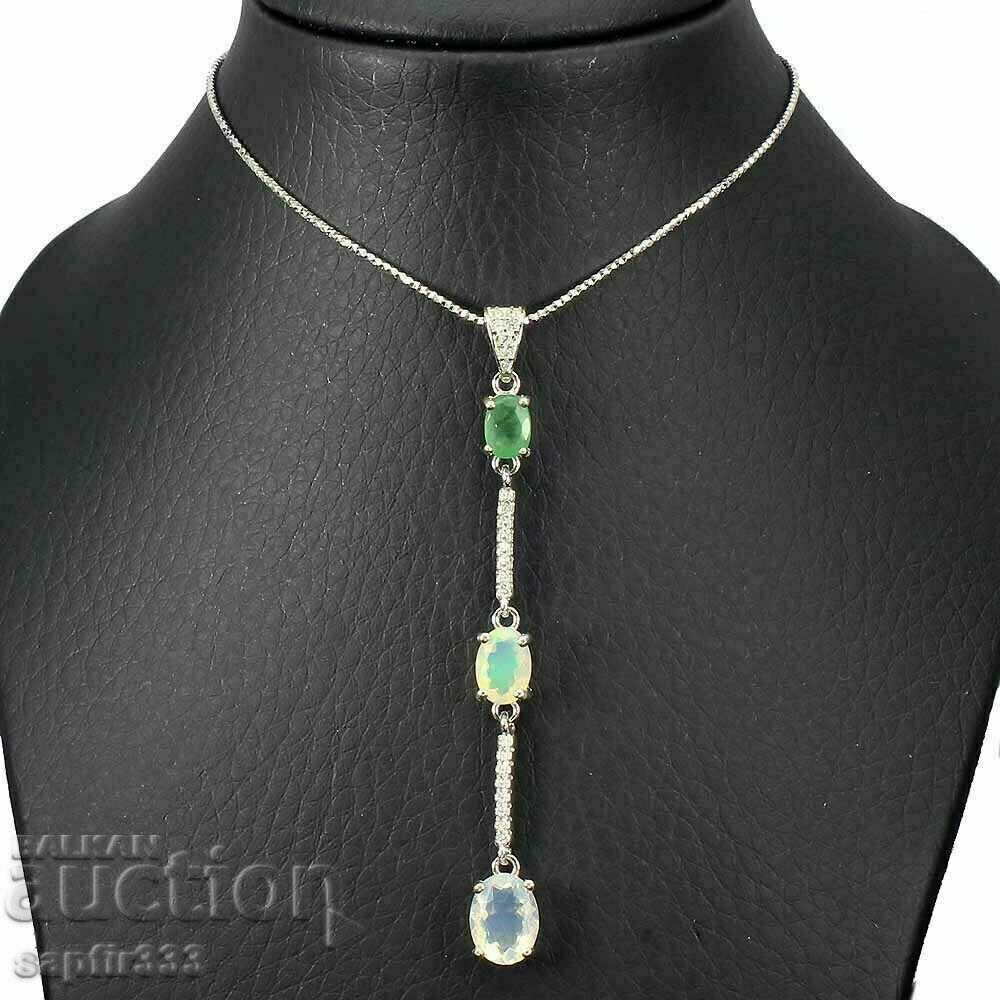 ИЗЯЩНО СРЕБЪРНО КОЛИЕ С ЕСТЕСТВЕНИ СМАРАГД, ОПАЛИ И ЦИРКОНИ с цена 257.00 лв. | € 131.40 ИЗЯЩНО СРЕБЪРНО КОЛИЕ С ЕСТЕСТВЕНИ СМАРАГД, ОПАЛИ И ЦИРКОНИ с цена 257.00 лв. | € 131.40