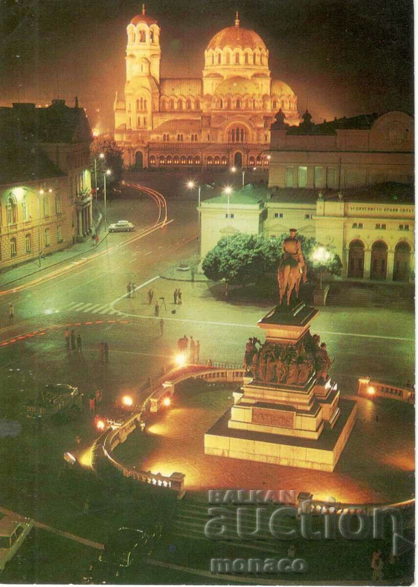 Carte poștală veche - Sofia, Piața Adunării Poporului - noaptea