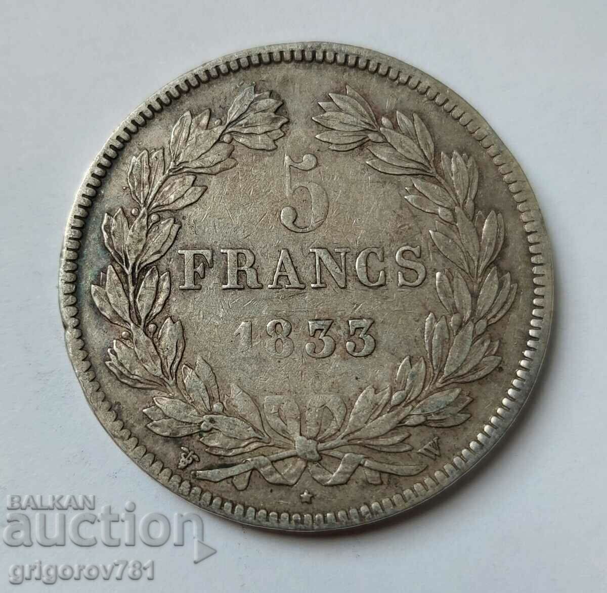 5 Φράγκα Ασήμι Γαλλία 1833 W - Ασημένιο νόμισμα #118