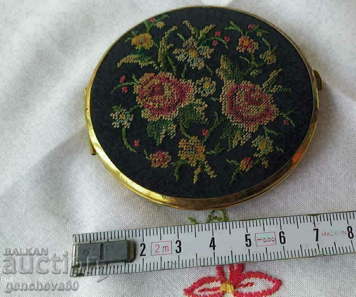 Auction  Vintage lady's mirror, tapestry embroidered roses