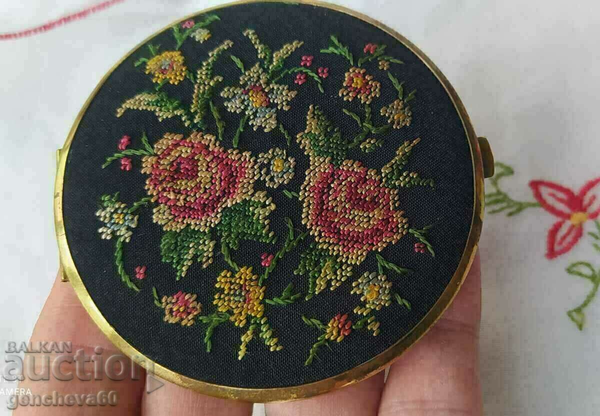 Vintage lady's mirror, tapestry embroidered roses