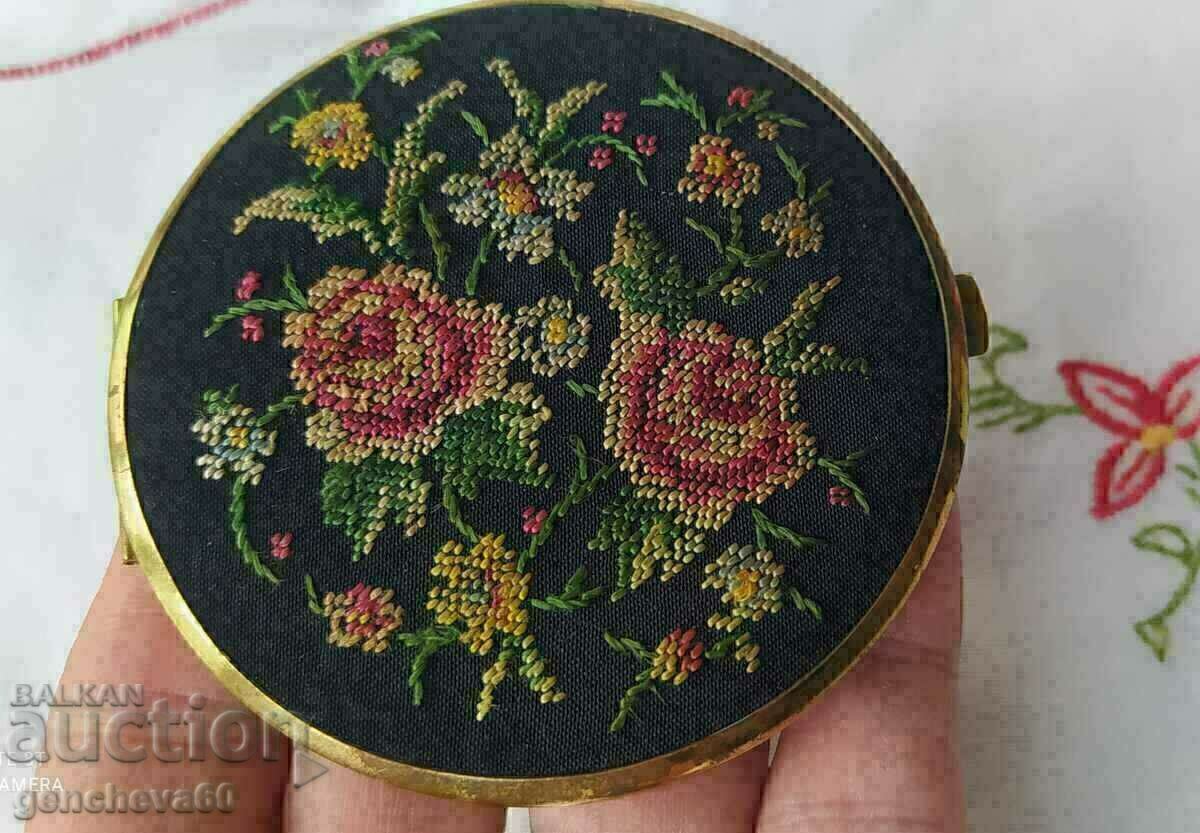 Vintage lady's mirror, tapestry embroidered roses Vintage lady's mirror, tapestry embroidered roses