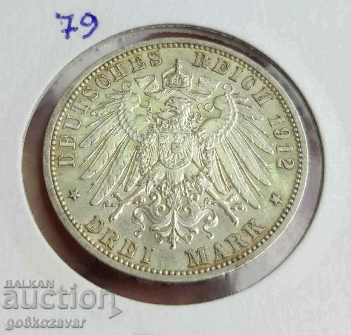 Auction Germany Prussia 3 marks 1912 Silver top coin! Auction Germany Prussia 3 marks 1912 Silver top coin!