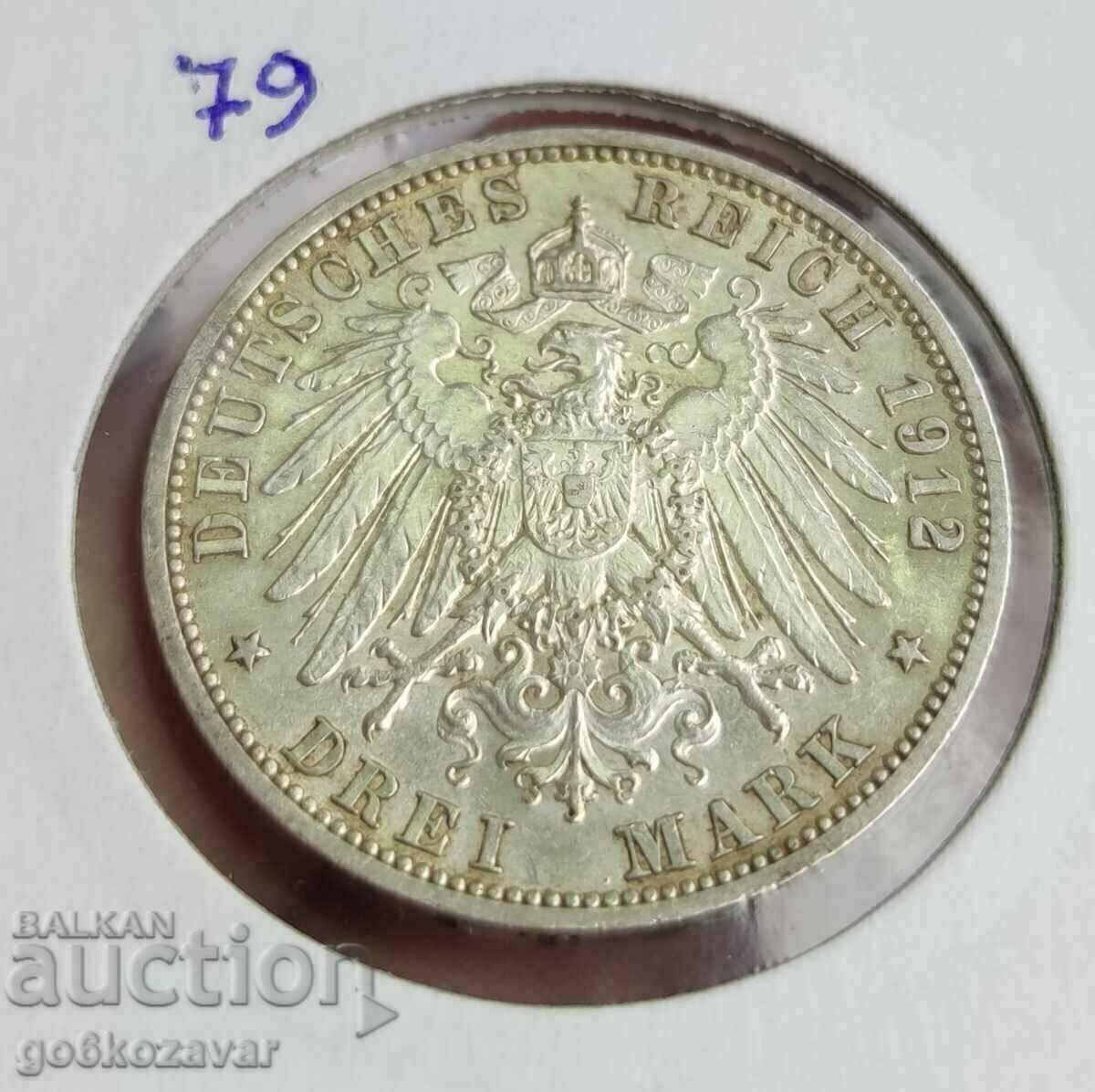Germany Prussia 3 marks 1912 Silver top coin! - 5 Germany Prussia 3 marks 1912 Silver top coin! - 5