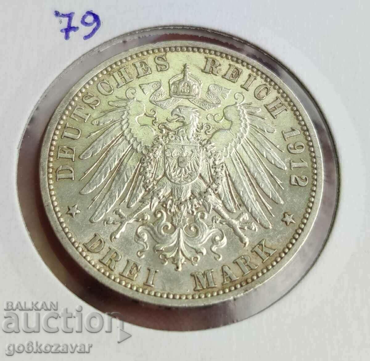 Γερμανία Πρωσία 3 μάρκα 1912 Ασημένιο κορυφαίο νόμισμα!