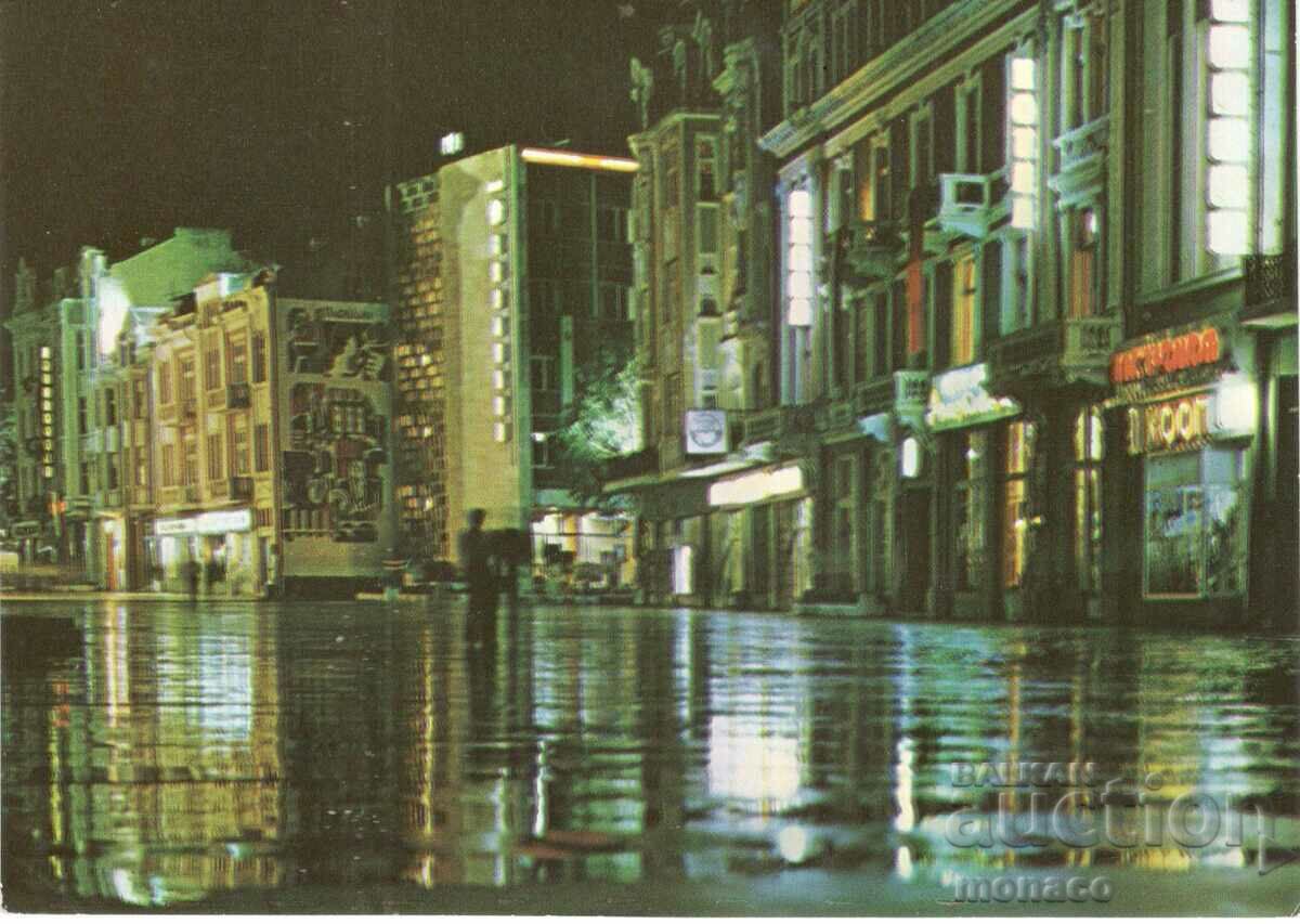 Old postcard - Plovdiv, "V.Kolarov" street - at night