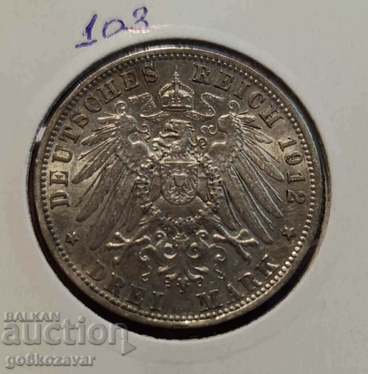 Германия Бавария 3 марки 1912г Сребро Колекция ! с цена € 53.00 | 103.66 лв.