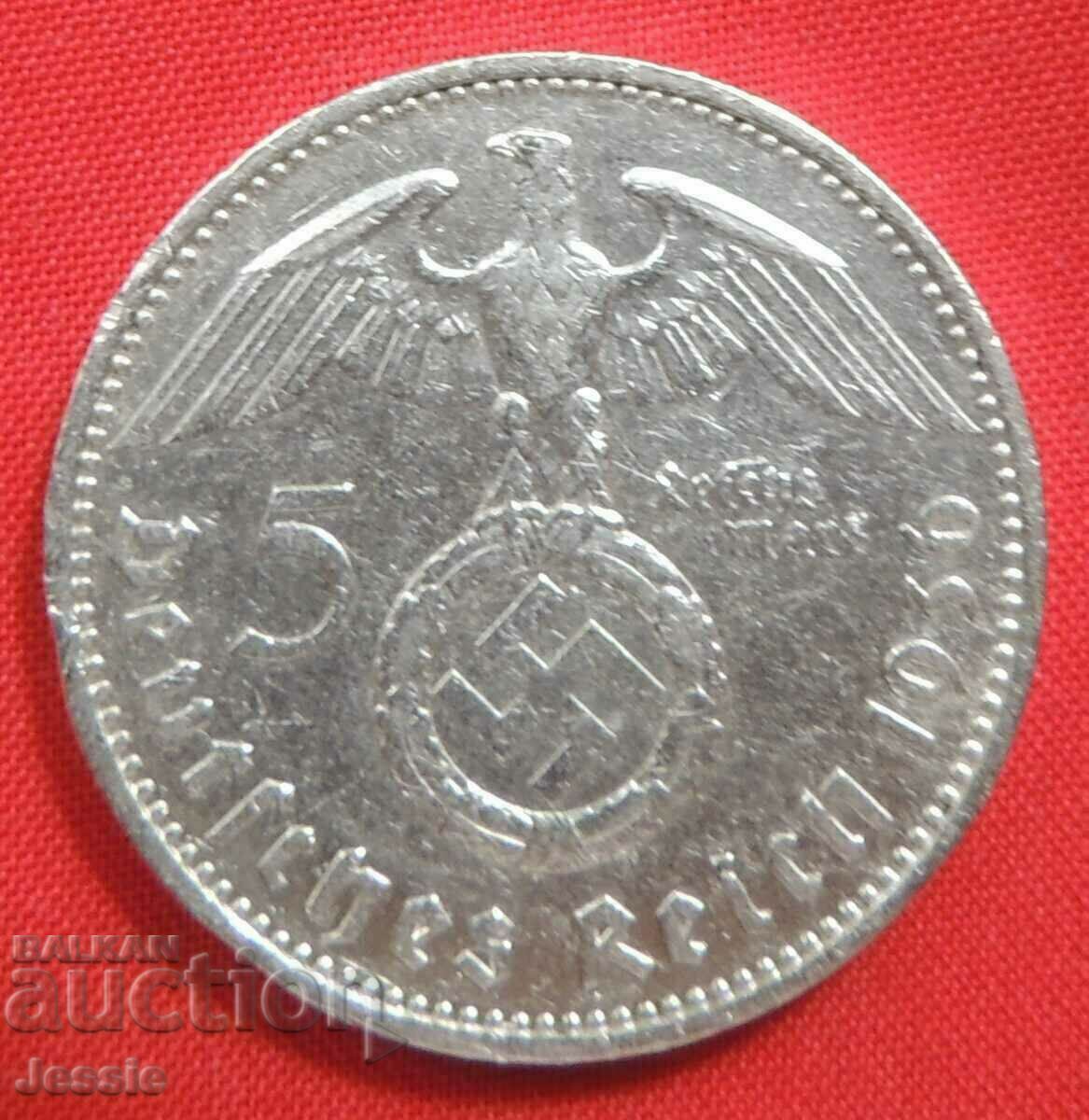 5 Reichsmarks 1936 F Germania argint