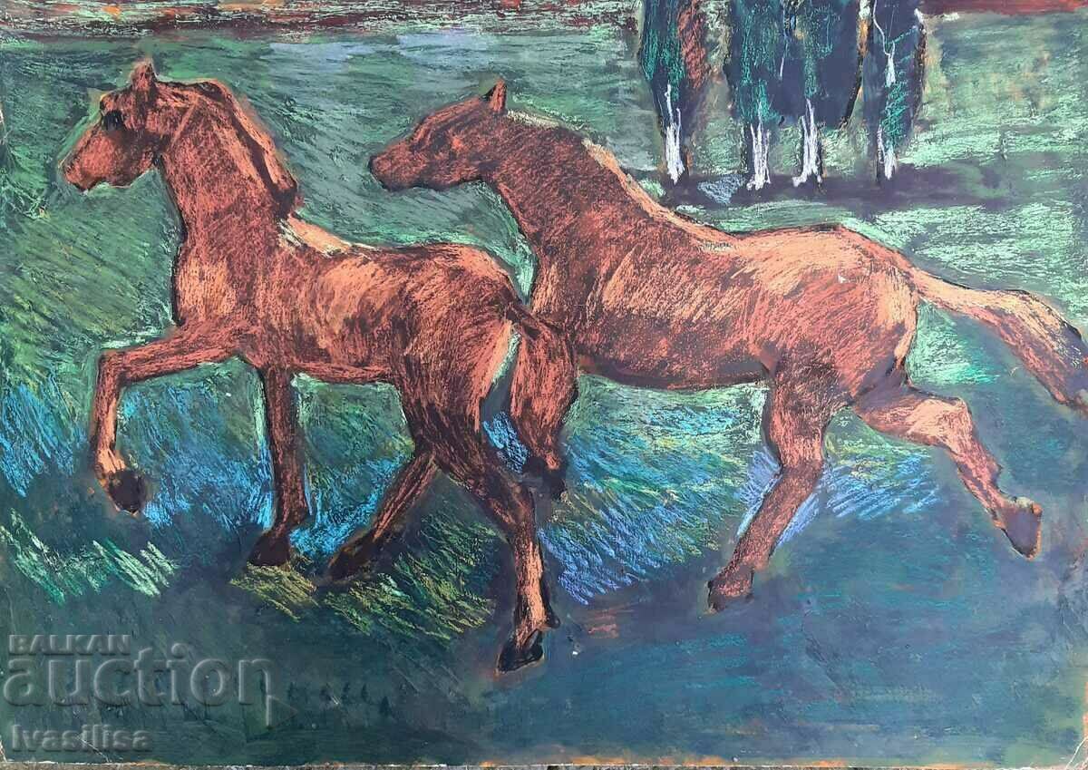 LARGE OLD TWO SIDED PAINTING seascape and horses