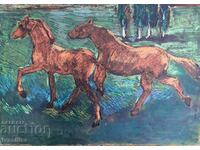 LARGE OLD TWO SIDED PAINTING seascape and horses