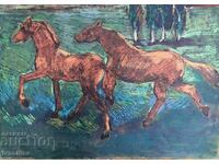 LARGE OLD TWO SIDED PAINTING seascape and horses