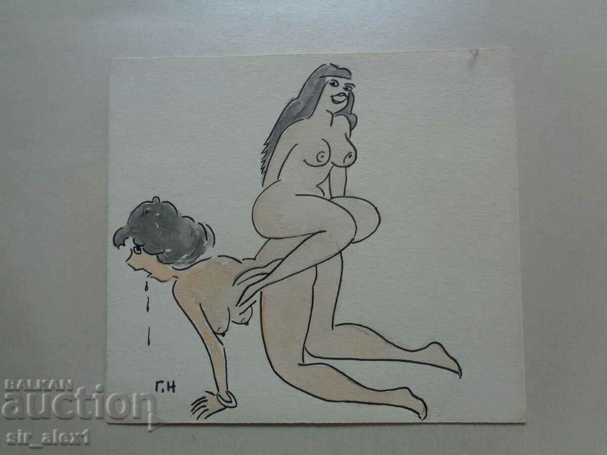 Desen cu cerneală/acuarelă erotică 17,5 x 15,5 cm.