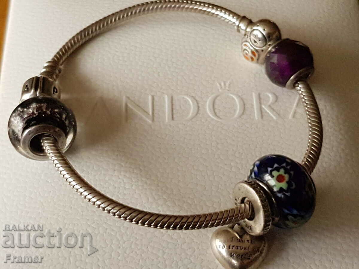 Auction ORIGINAL PANDORA silver bracelet with 5 charms Auction ORIGINAL PANDORA silver bracelet with 5 charms