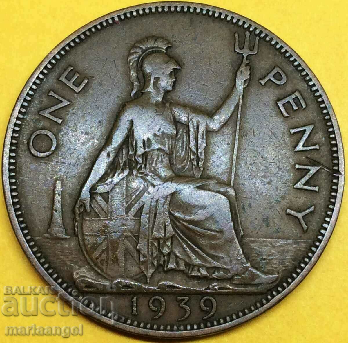 Великобритания 1 пени 1939 Джордж VI 30мм бронз