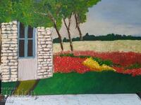 Oil painting, canvas, house, field