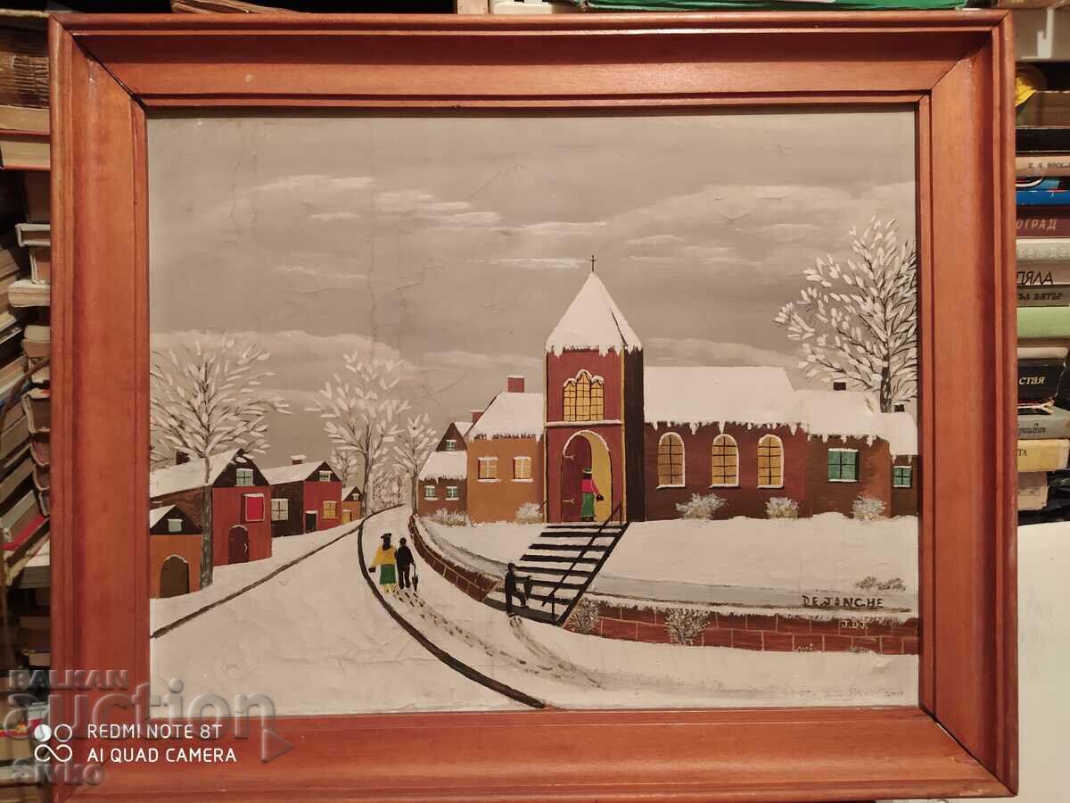 Painting oil canvas winter landscape