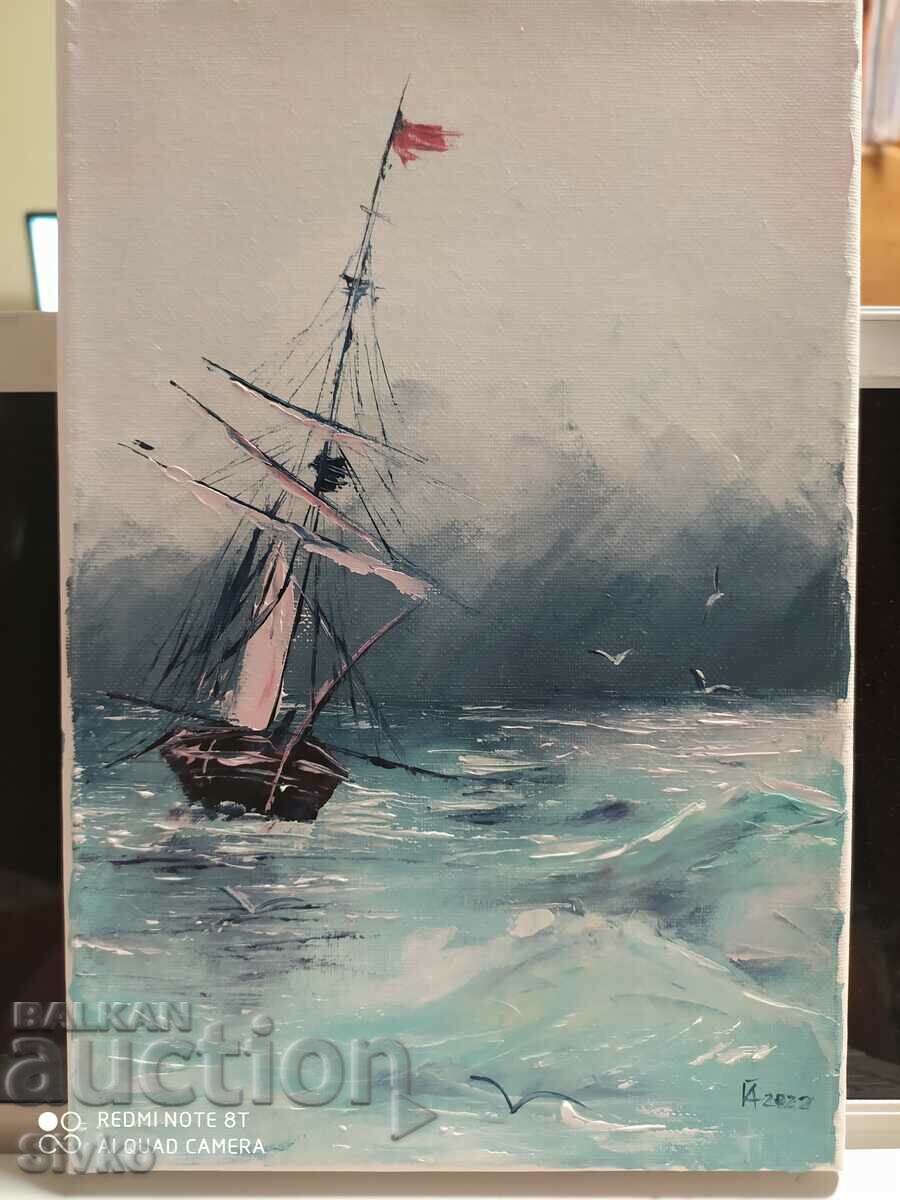 Pictură în ulei furtuna cu barca cu pânze