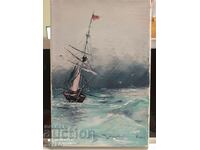 Oil painting sail boat storm