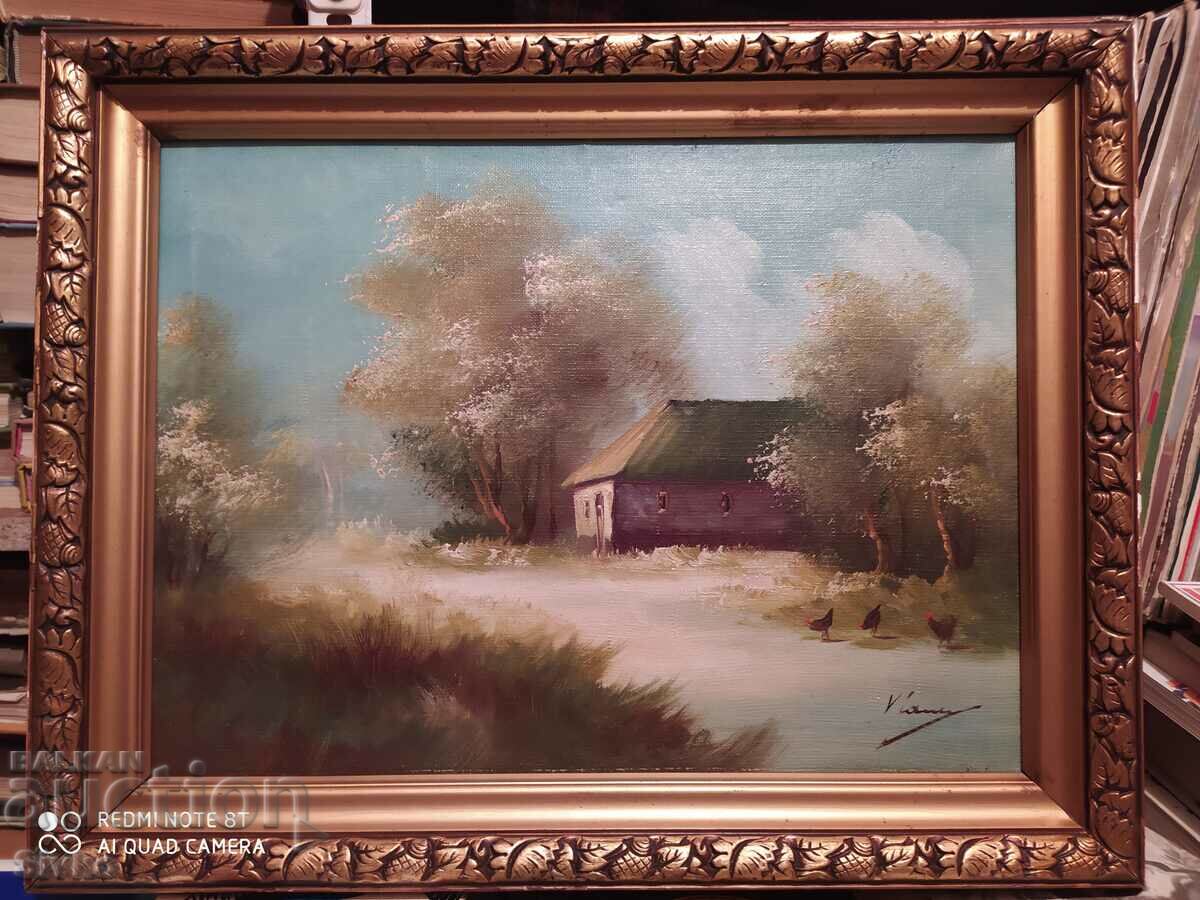 Картина масло платно пейзаж къща кокошки
