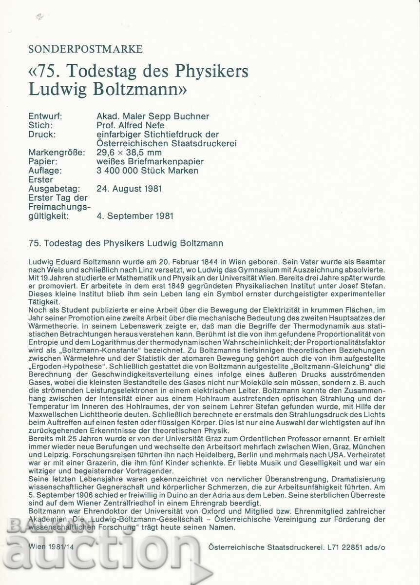 Harta maxim 1981 Austria Ludwig Boltzmann cu preț € 0.80 | 1.56 BGN
