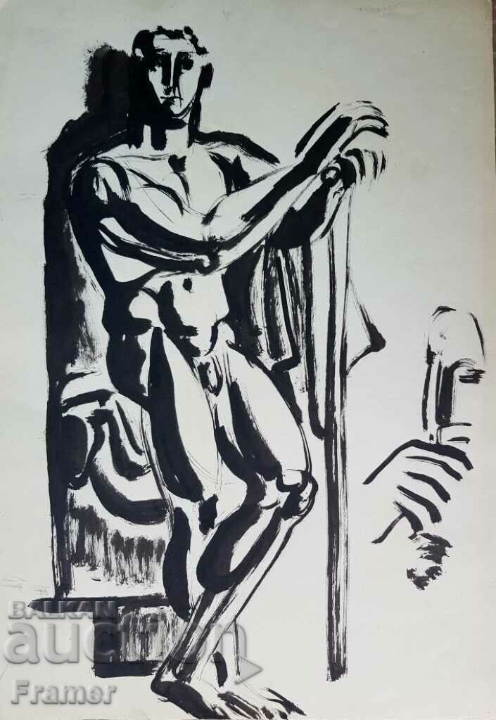 Atanas Yaranov 1940-1988 Ciobanesc Desen original anii 1980