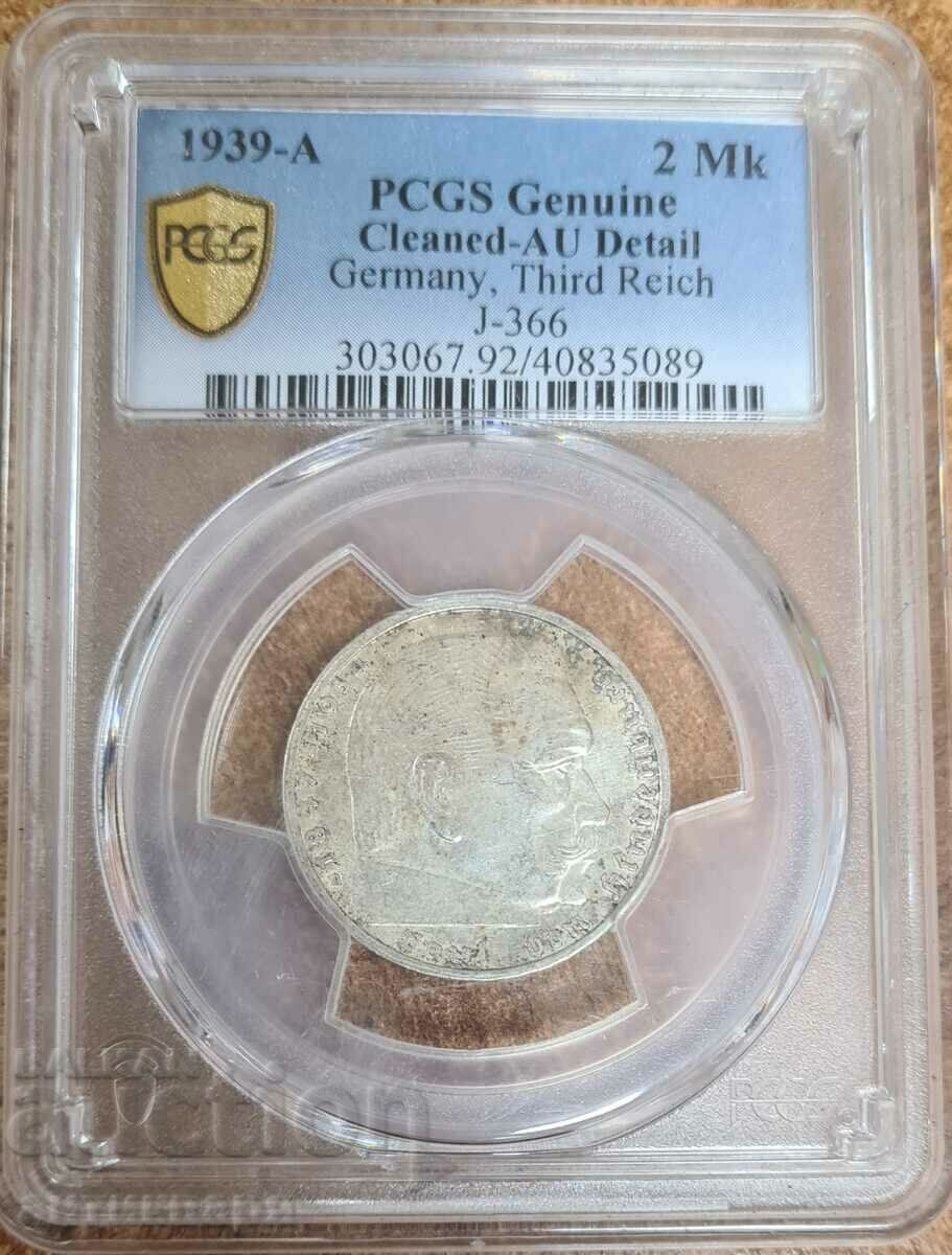 Germany 2 Marks Silver 1939-A Grade AU Detail