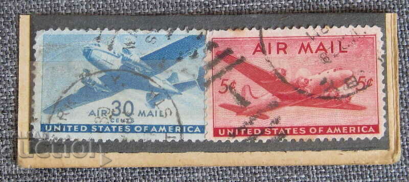 Marca de aer America 30c 1941 albastru + 5c 1946 roșu