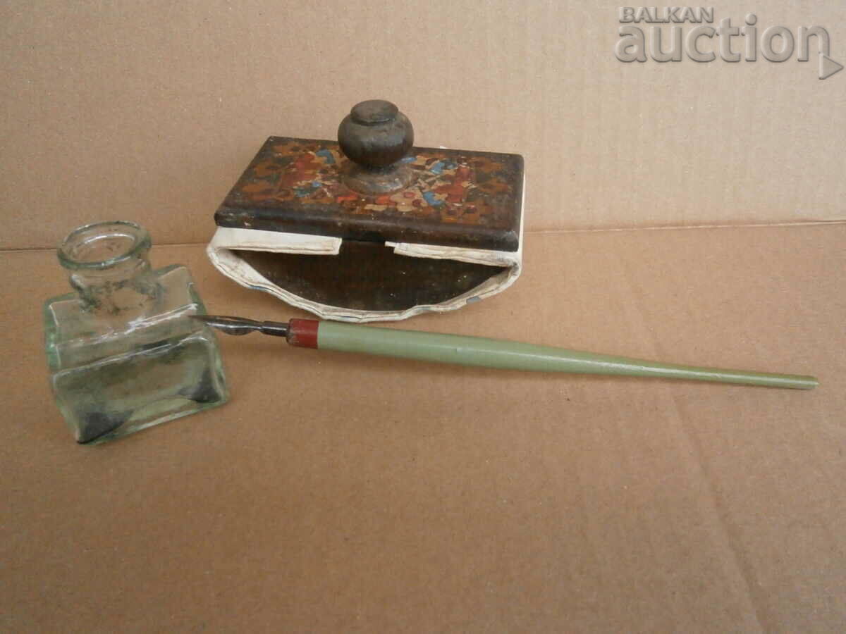lot antique glass inkwell quill press - 5 lot antique glass inkwell quill press - 5