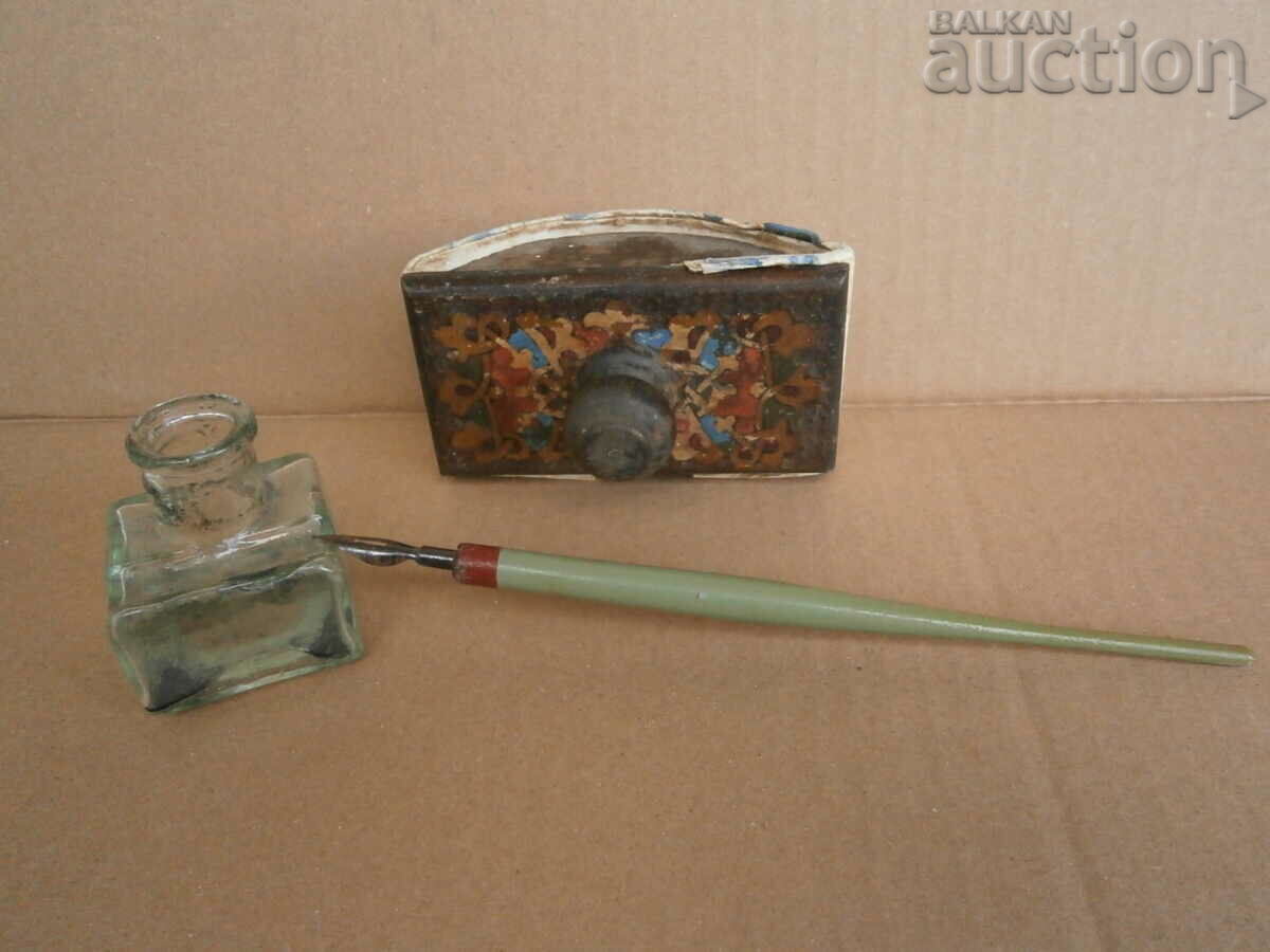 lot antique glass inkwell quill press - 6 lot antique glass inkwell quill press - 6