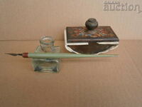 lot antique glass inkwell quill press