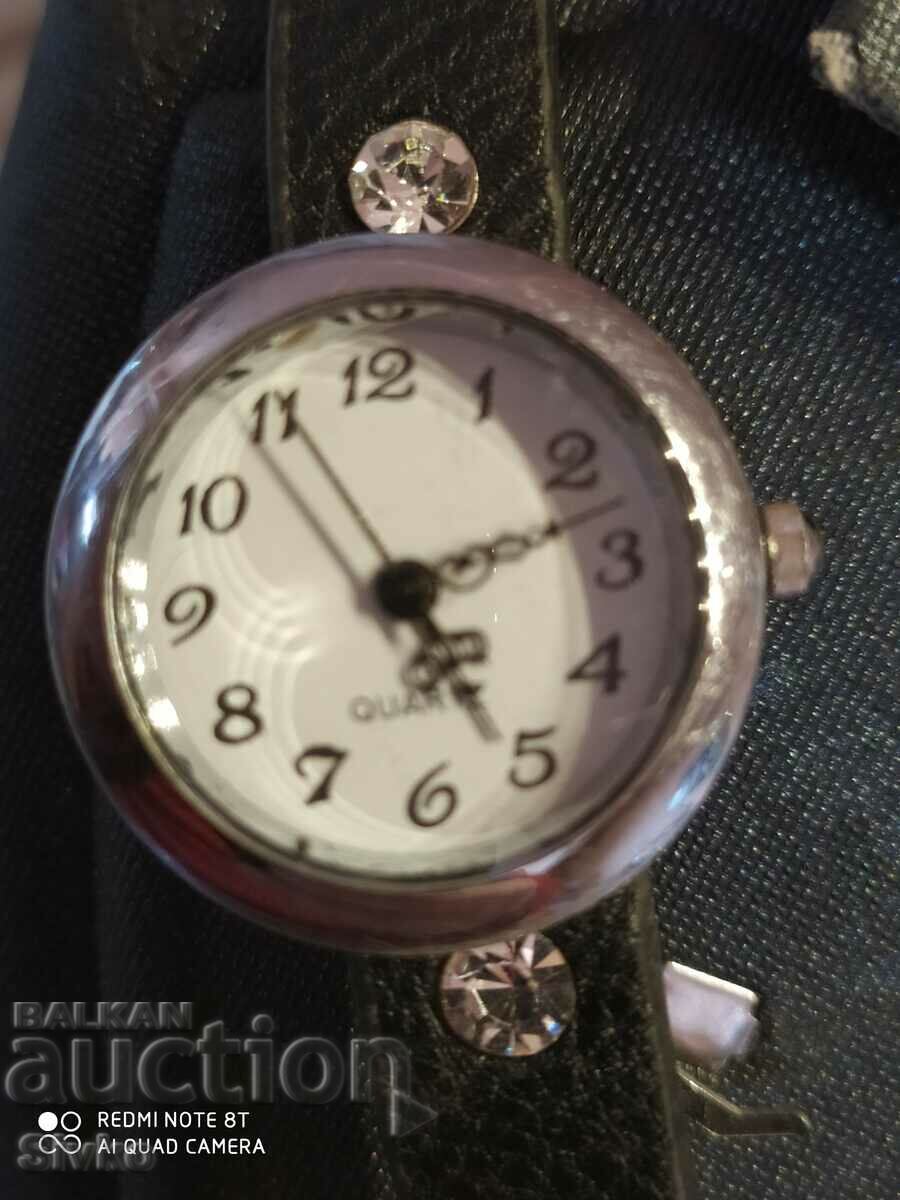 Watch long black strap with stones