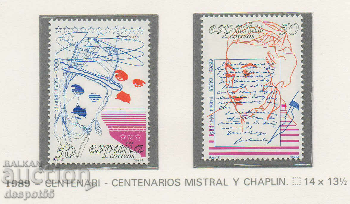1989. Ισπανία. Επέτειοι - Τσάρλι Τσάπλιν, Γκαμπριέλα Μιστράλ.