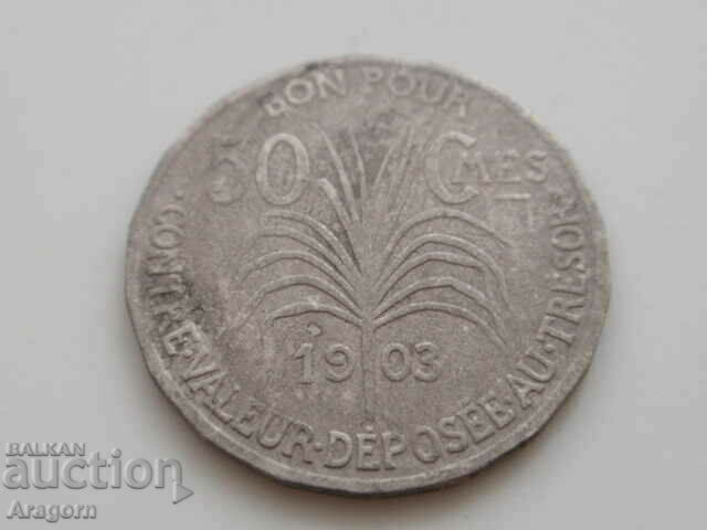 monedă rară Guadelupa 50 centimes 1903; Guadelupa