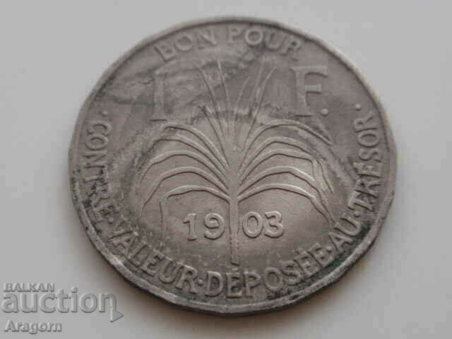 monedă rară Guadelupa 1 franc 1903; Guadelupa