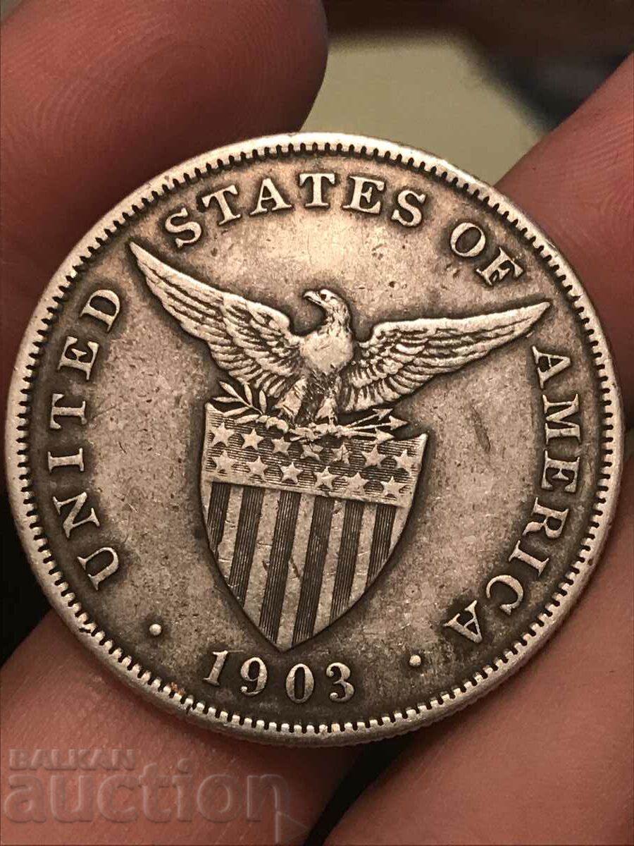 Filipine SUA America 1 Peso 1903 monedă de argint foarte rară