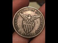 Filipine SUA America 1 Peso 1903 monedă de argint foarte rară
