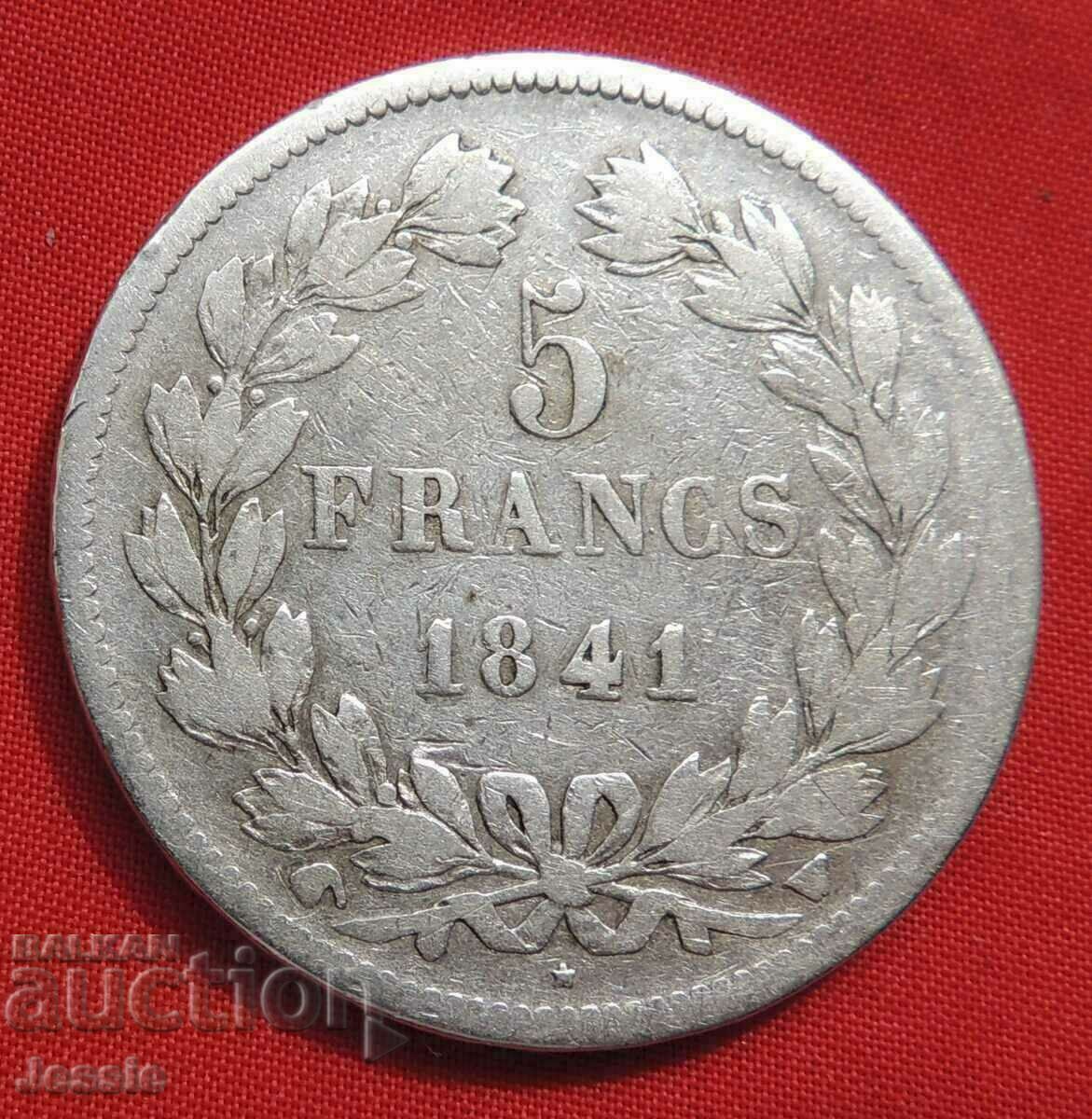 5 Francs 1841 W France Silver - Lille