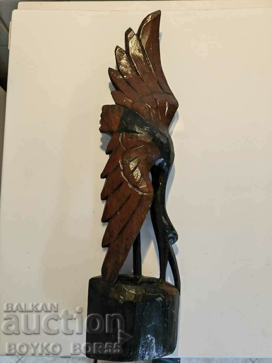 Frumoasă figurină mare cu macara sculptată în lemn 50 cm / 12 cm.