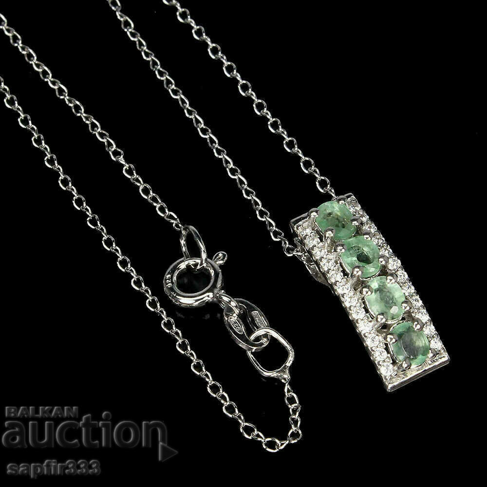 EXCELLENT SILVER NECKLACE WITH NATURAL EMERALDS, ZIRCONIA UNISEX