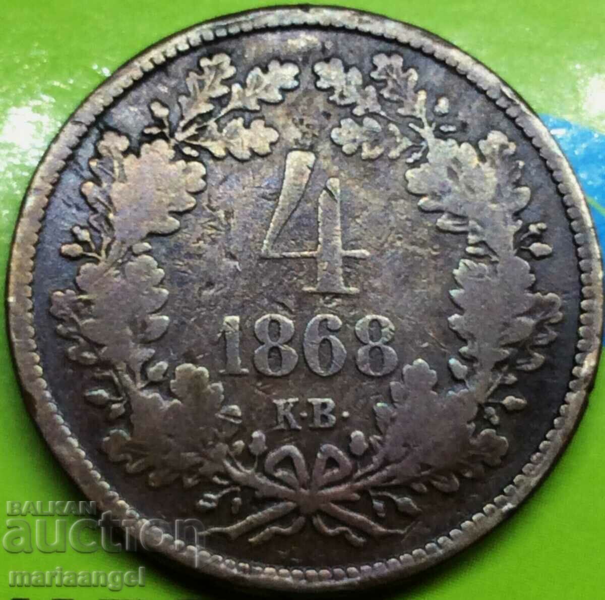 Ungaria 4 Kreuzers 1868 KV Original 13.19g - destul de rar