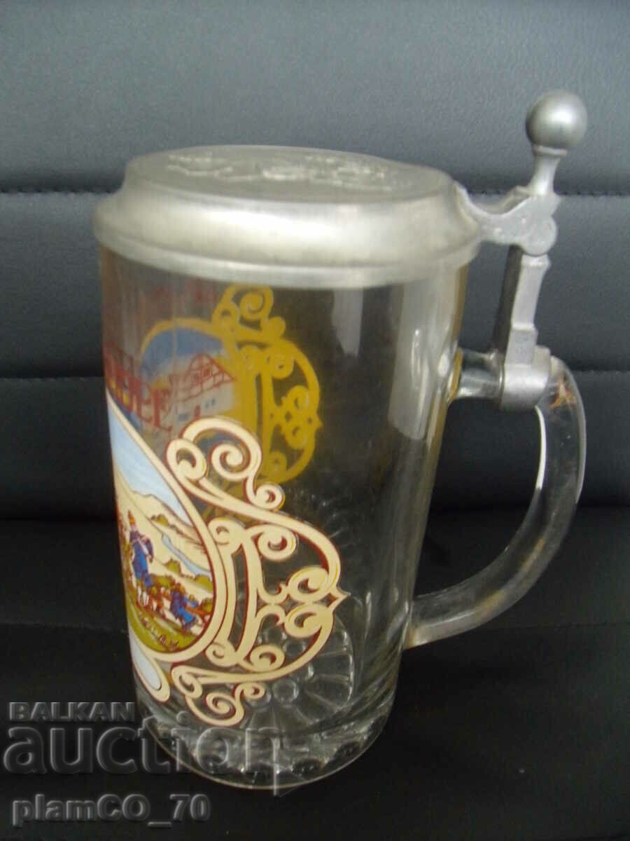 #*7043 cană veche de sticlă cu capac metalic