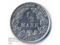 Germany - 1/2 Mark 1917 - Muldenhüten (E) - Silver aUNC