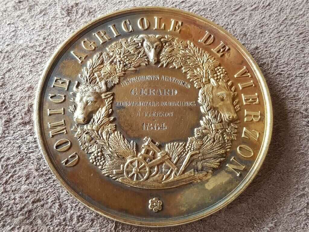 Френски 1864 сребърен с позлата медал плакет аграрен