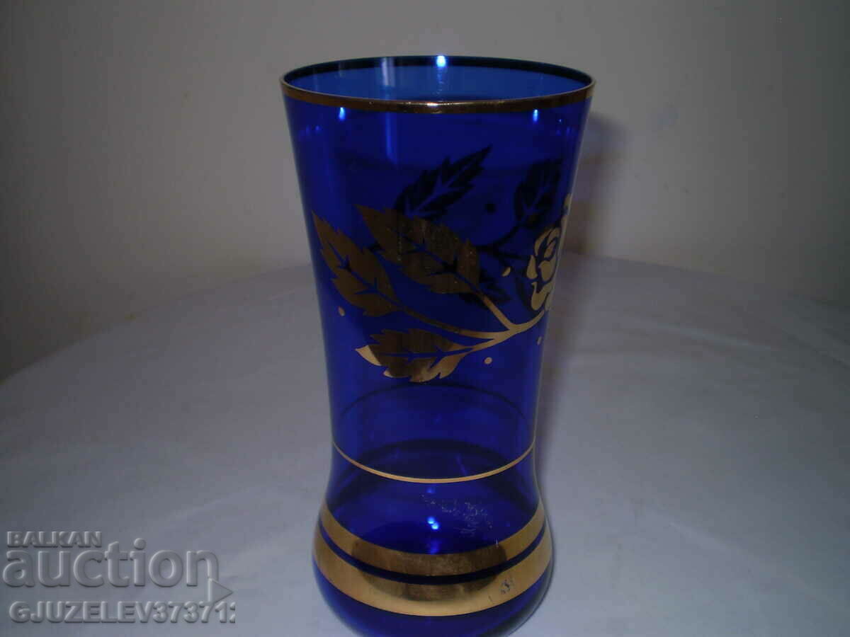 Auction Old Vase Blue glass golden rose Auction Old Vase Blue glass golden rose