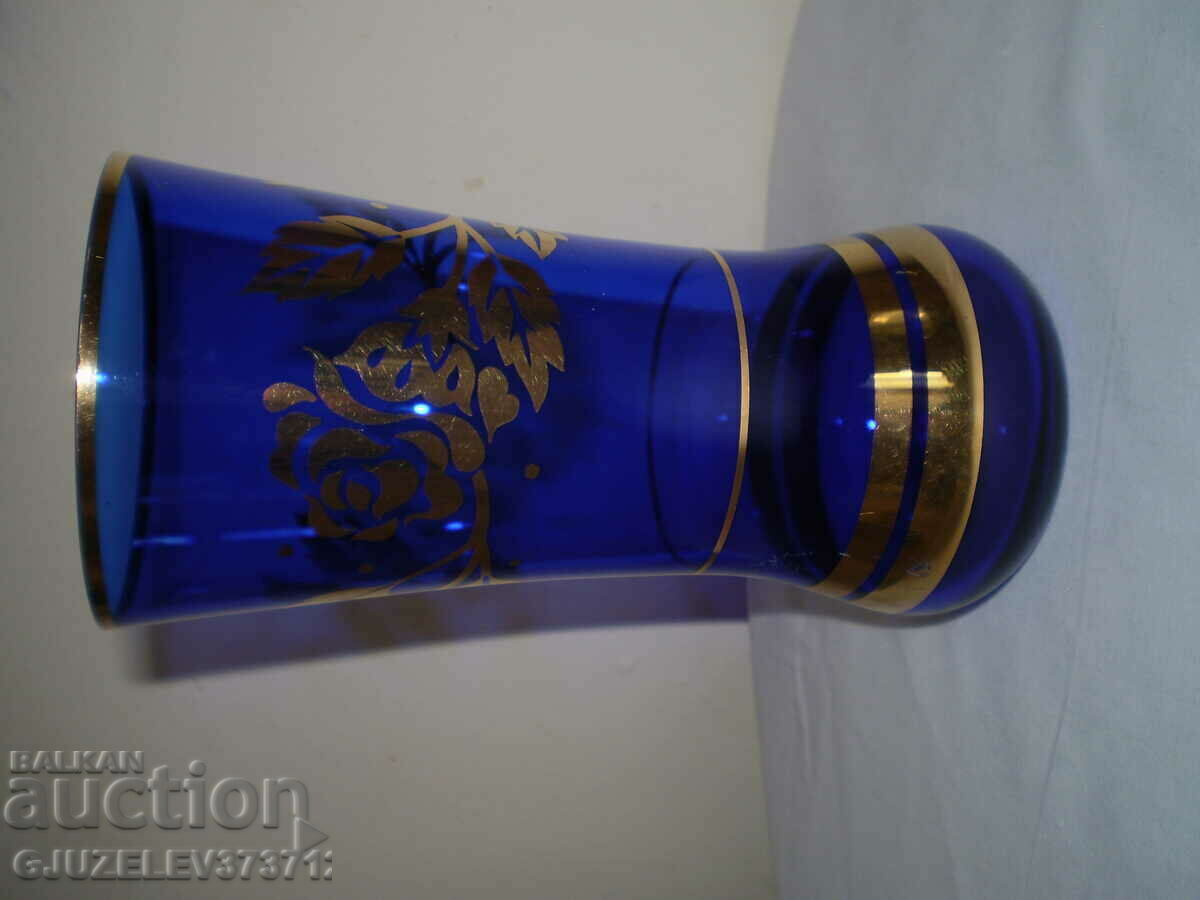 Old Vase Blue glass golden rose
